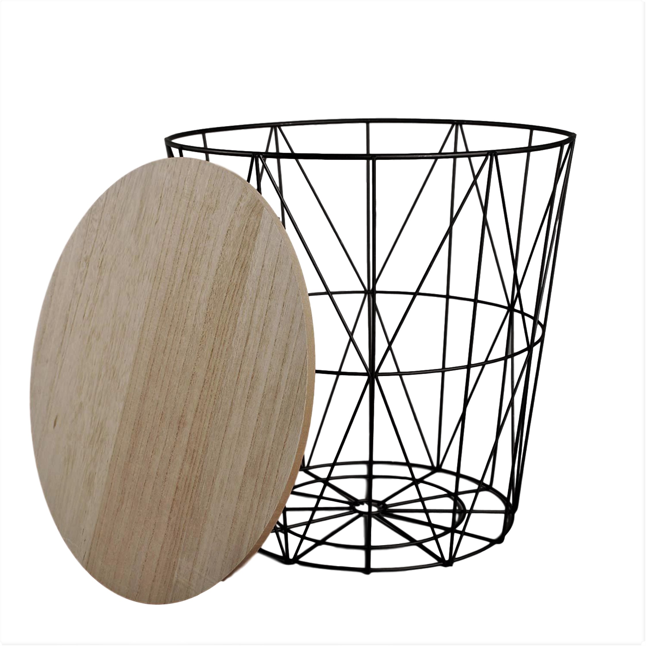 BLACK METAL WIRE Round Side Table Marble Wood Top Storage Basket Home